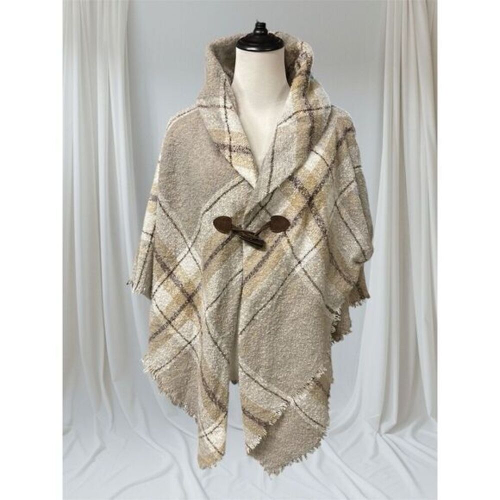 Modena‎ Womens Chunky Double Plaid Beige Plaid Poncho Sweater Cover Up One Size